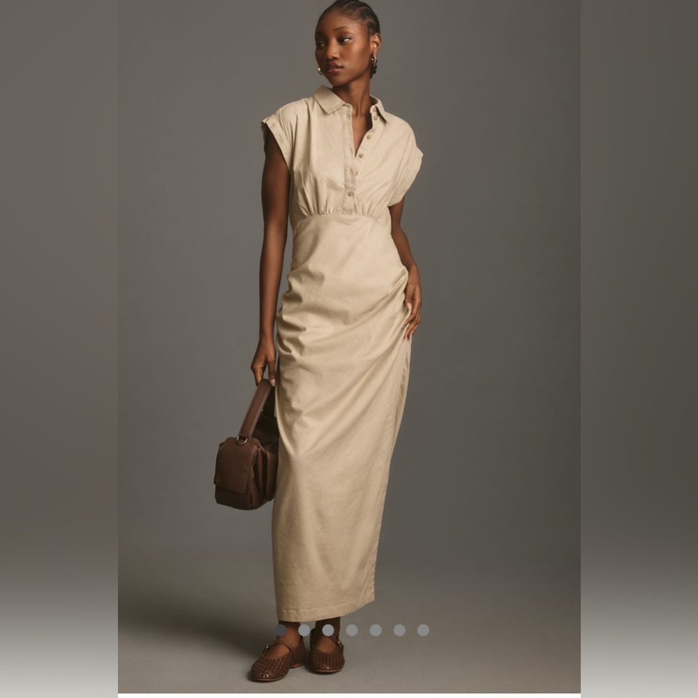 Anthropologie Tan Ruched Maxi Dress with Mandarin Collar size Mefium - Picture 5 of 12